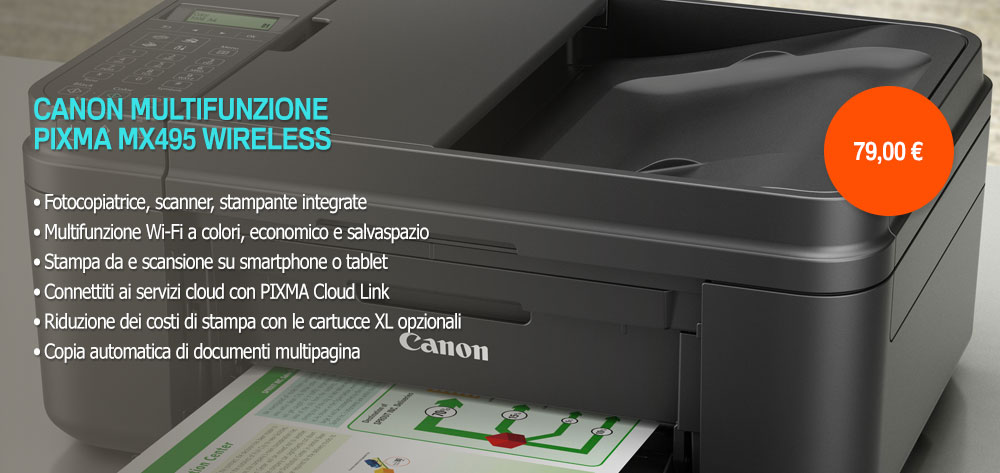 Offerta Stampante Canon MULTIFUNZIONE PIXMA MX495 WIRELESS